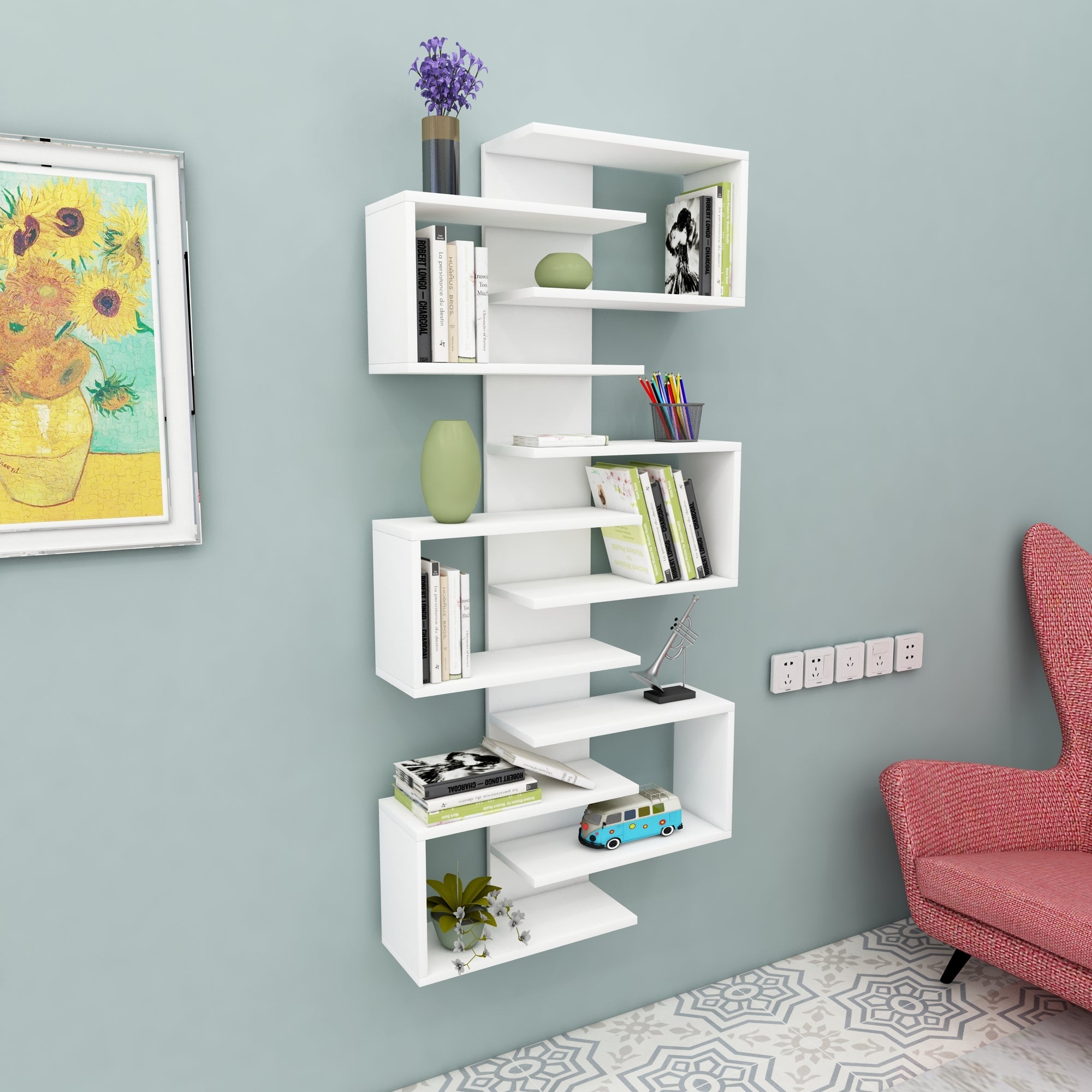 Floating Bookcase with Geometric Shelves Rozalin 161 cm Tall Wall Mounted Bookcase