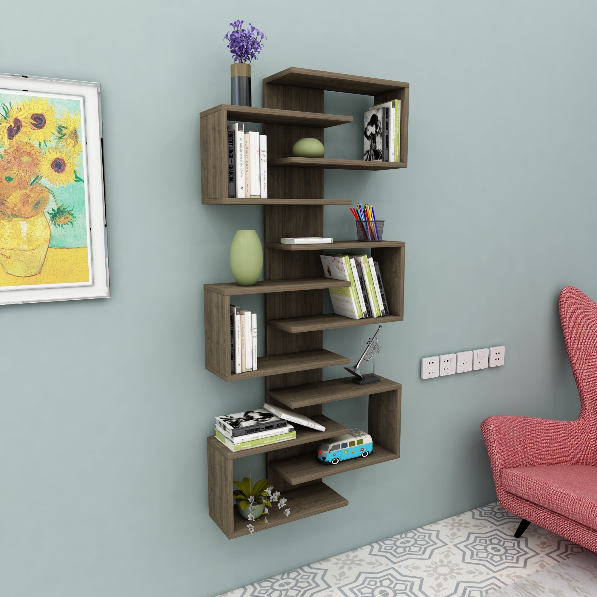 Floating Bookcase with Geometric Shelves Rozalin 161 cm Tall Wall Mounted Bookcase