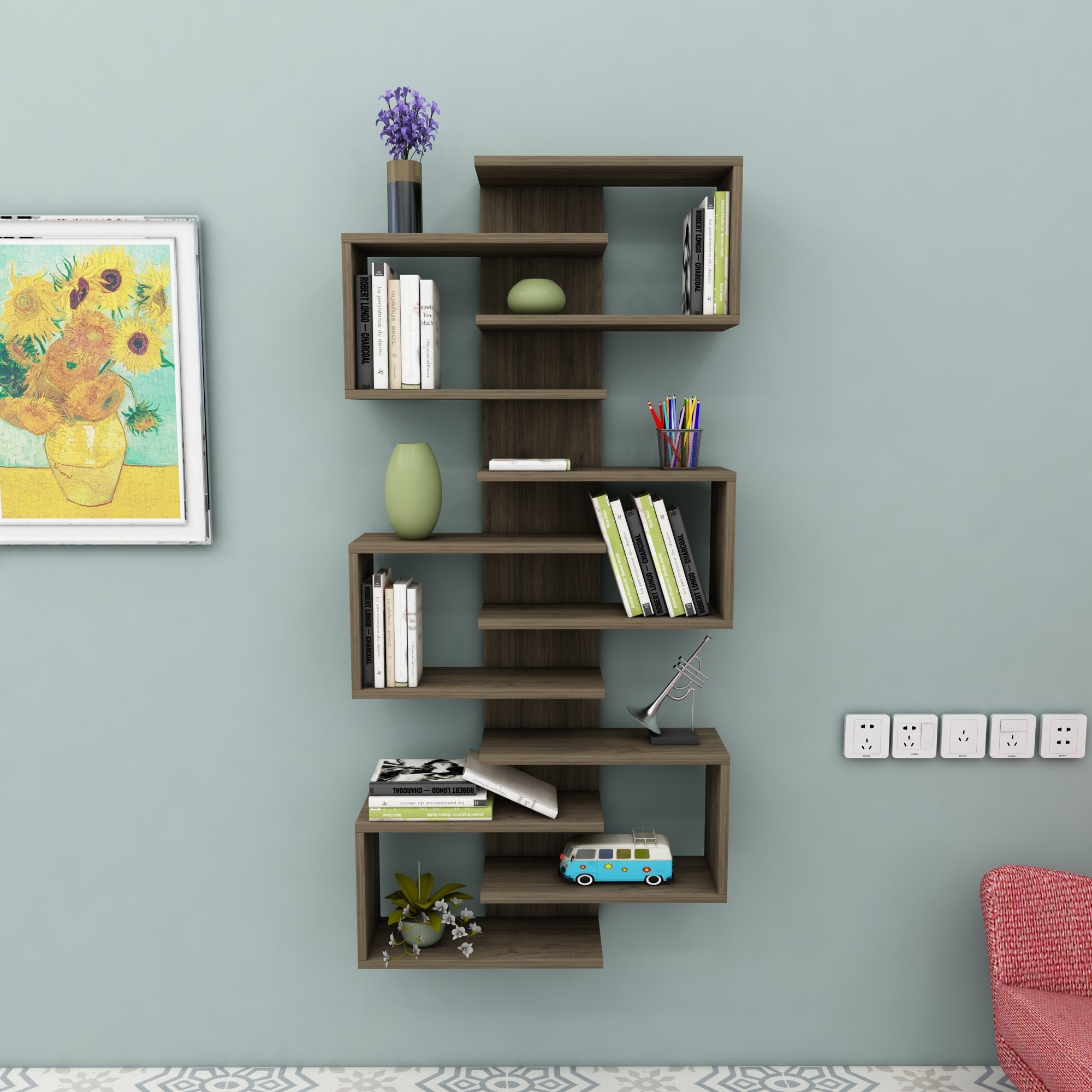 Floating Bookcase with Geometric Shelves Rozalin 161 cm Tall Wall Mounted Bookcase