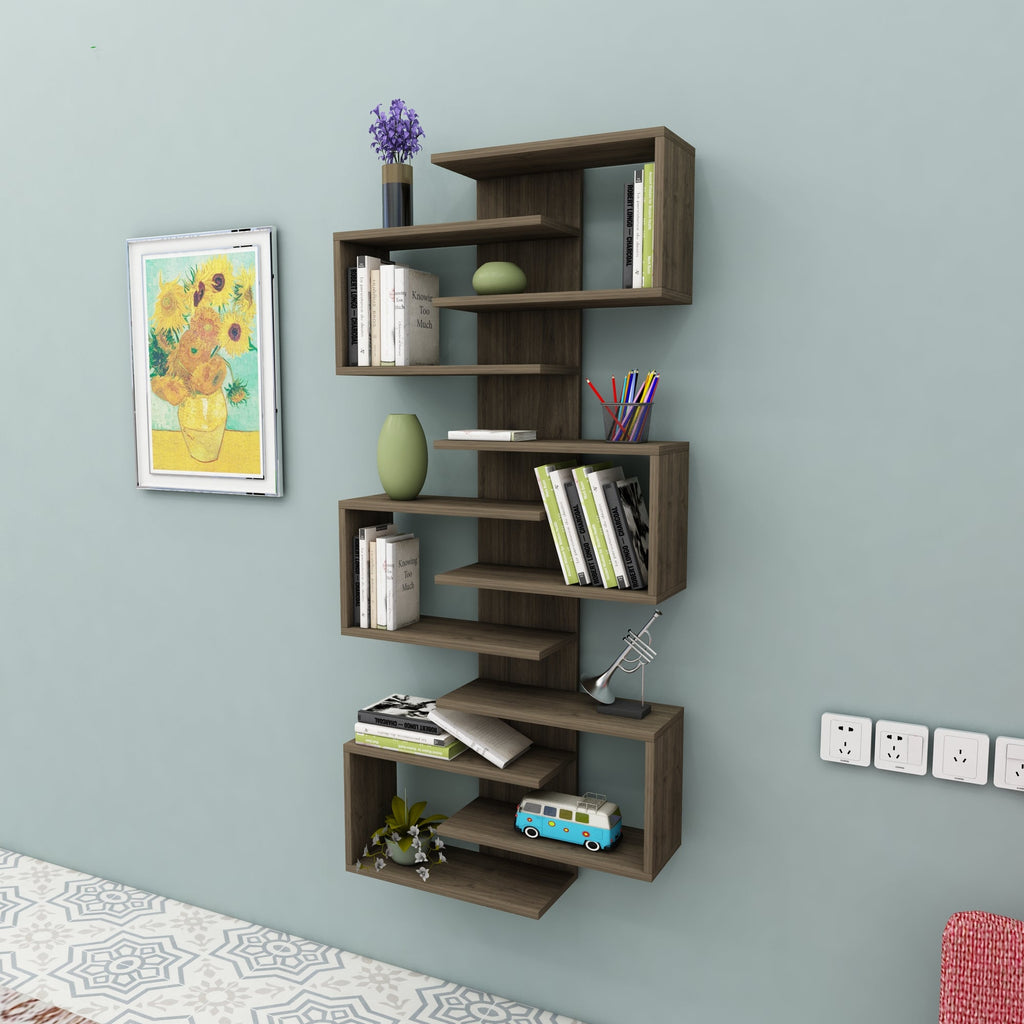 Floating Bookcase with Geometric Shelves Rozalin 161 cm Tall Wall Mounted Bookcase