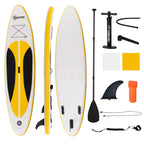 Inflatable stand-up paddle board with yellow-and-white hull and black traction deck