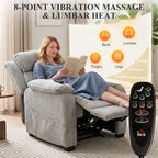 Light grey recliner armchair with headrest and handheld remote for massage and heat