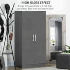 Grey high-gloss wardrobe with two doors open, silver curved handles