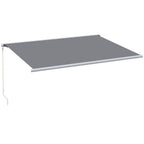 Grey retractable awning with straight front edge, fully extended fabric canopy