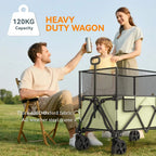 Green heavy-duty folding wagon trolley with mesh sides and large wheels, in use