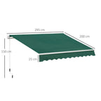 Green retractable awning canopy with white frame, scalloped valance, and size labels