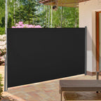 Wall-mounted retractable privacy screen panel with black fabric and metal frame
