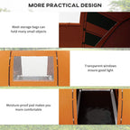 Orange tent with mesh storage pockets and clear window panels