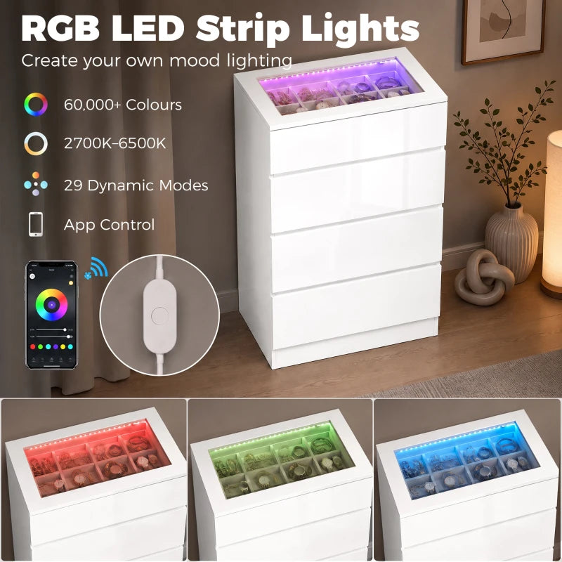 White chest with RGB LED strip lights across the glass-top display, APP-controlled design