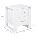 White nightstand with two drawers, curved metal handles, raised open base