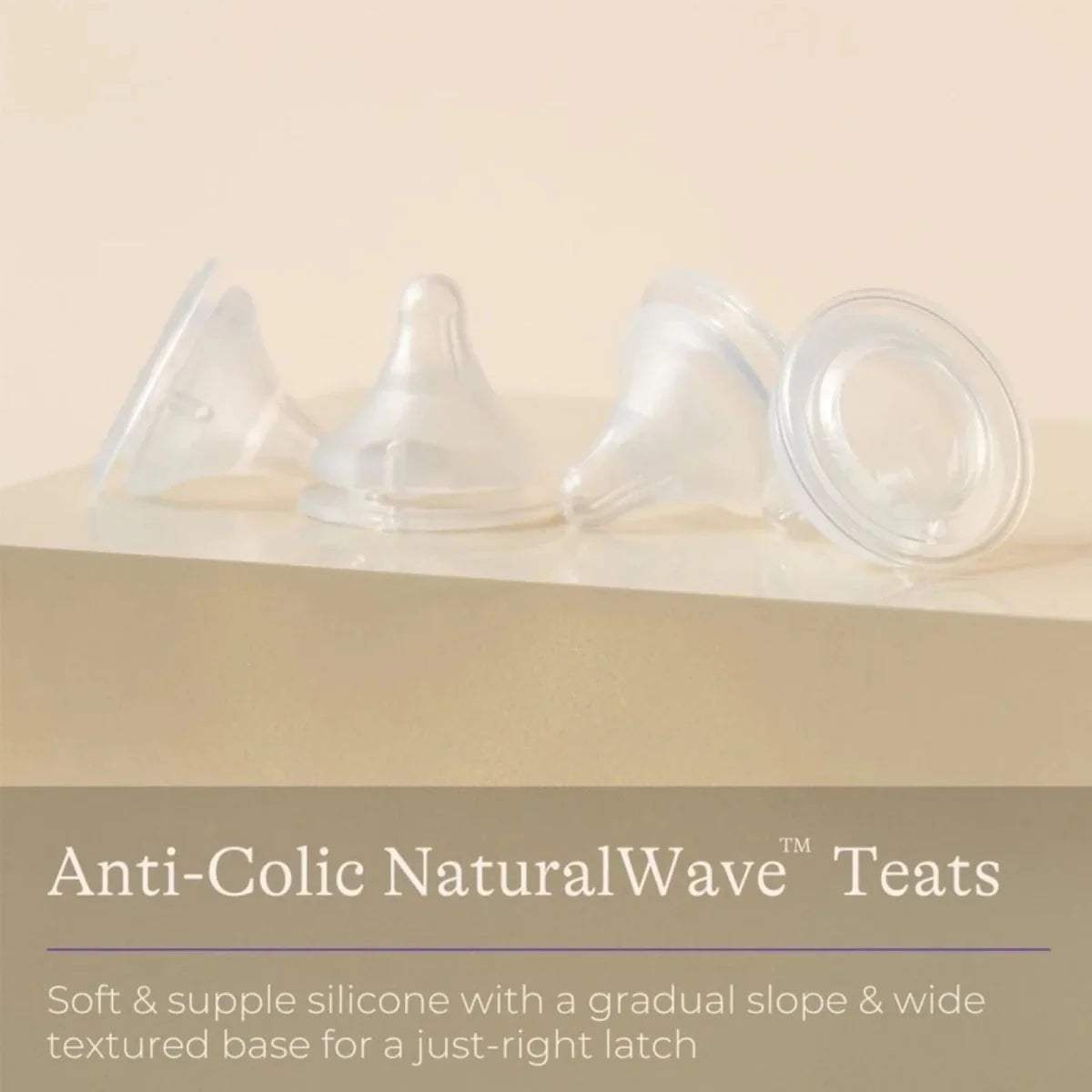 Anti-colic NaturalWave teats, clear silicone with wide textured base, pair
