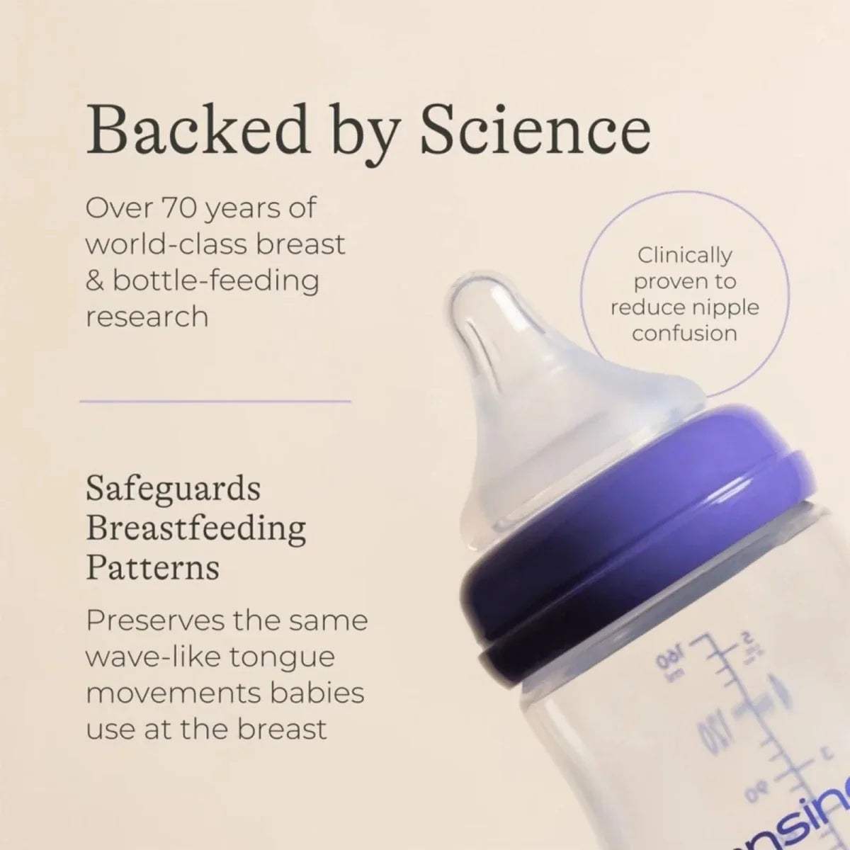 Breastfeeding bottle teat on bottle, clear tip with purple collar