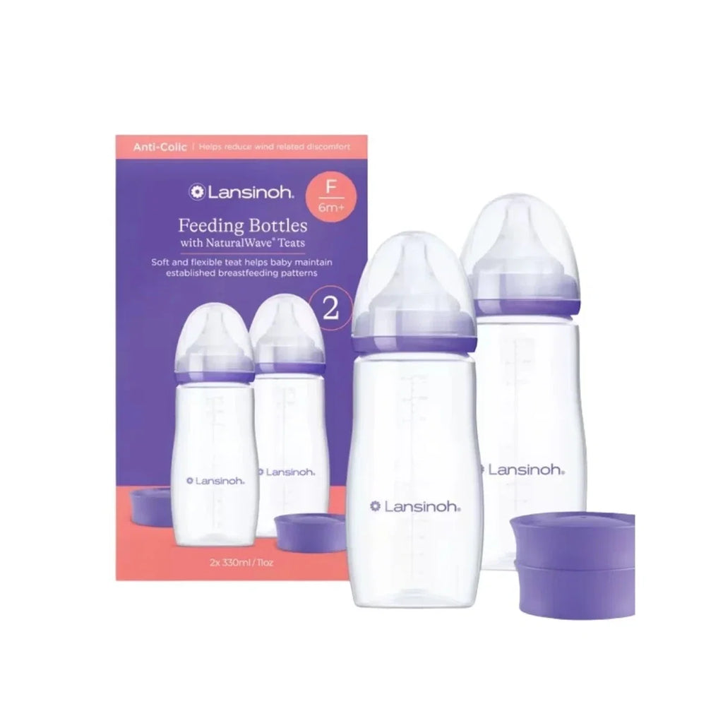 Set of two 330 ml feeding bottles with purple NaturalWave teats and caps