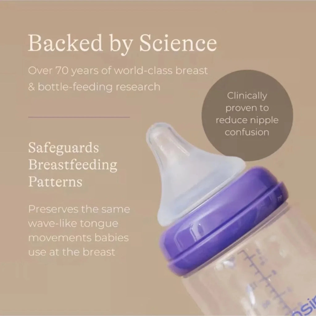 Angled feeding bottle with NaturalWave teat and purple anti-colic vented collar
