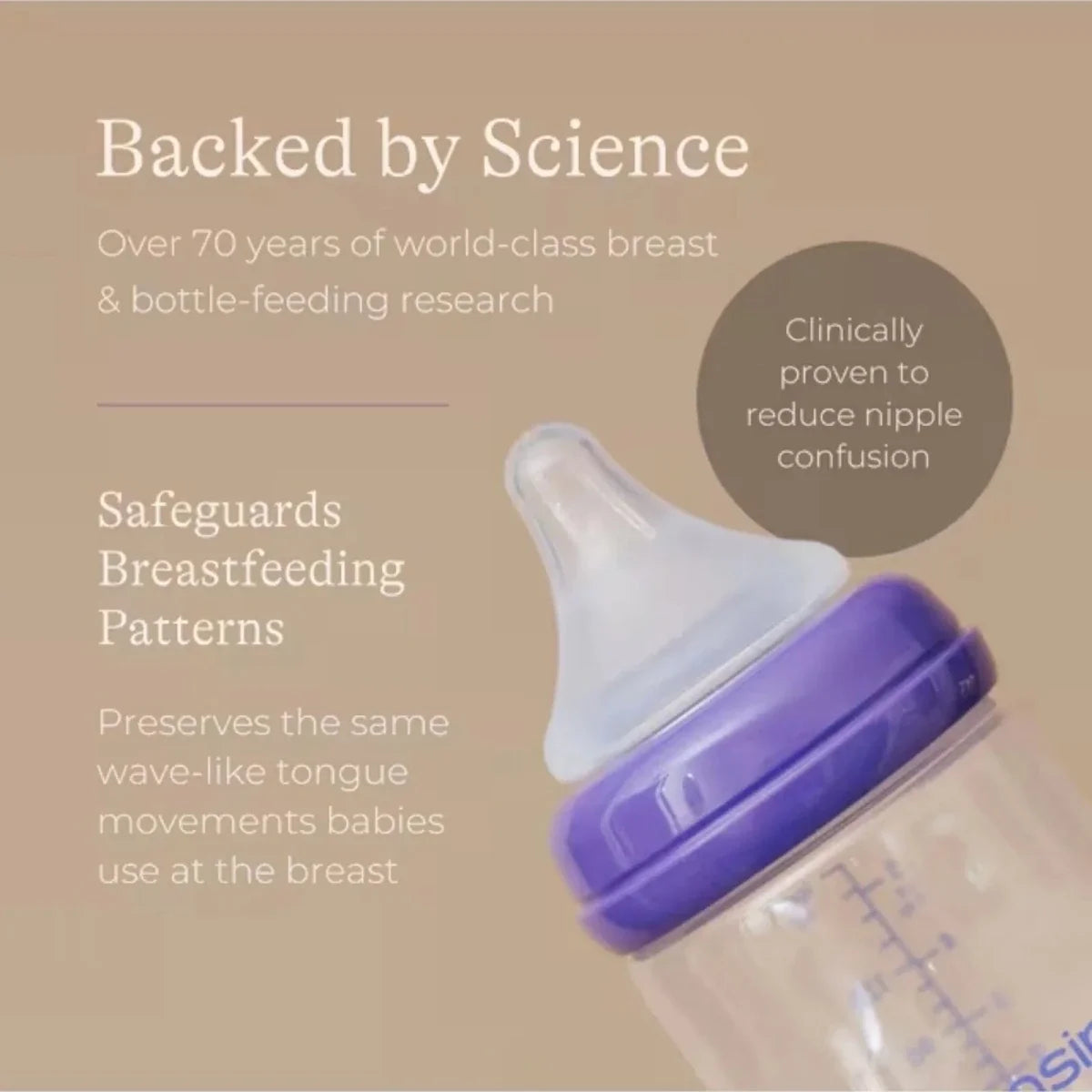 Angled feeding bottle with NaturalWave teat and purple anti-colic vented collar