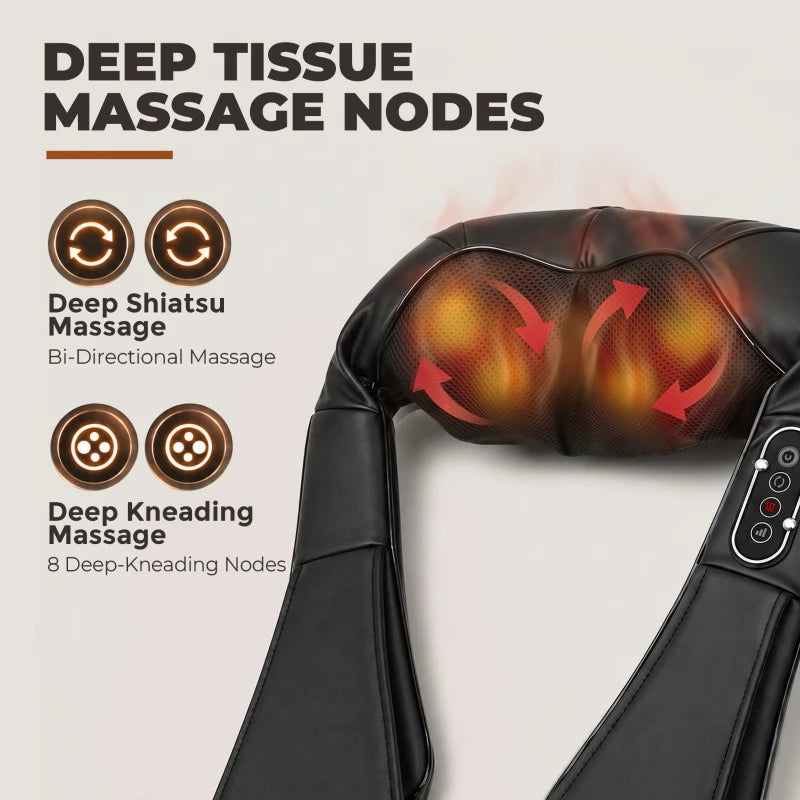 Black neck and shoulder massager showing deep kneading node area and heat effect