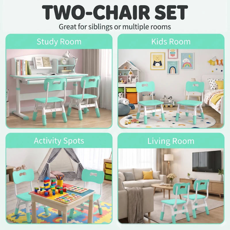 Set of two green kids desk chairs with backrest and white legs in a room