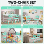 Set of two green kids desk chairs with backrest and white legs in a room
