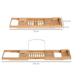 Bamboo extendable bathtub shelf caddy with slatted center tray and side cup cutouts