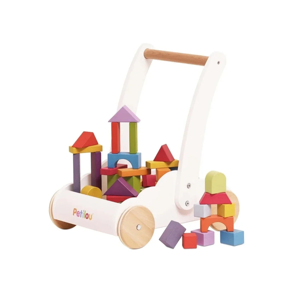 Rainbow baby walker with wooden handle and multicolored block pieces