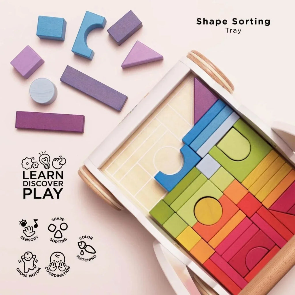 Shape sorting puzzle tray with multicolored wooden blocks and curved handle