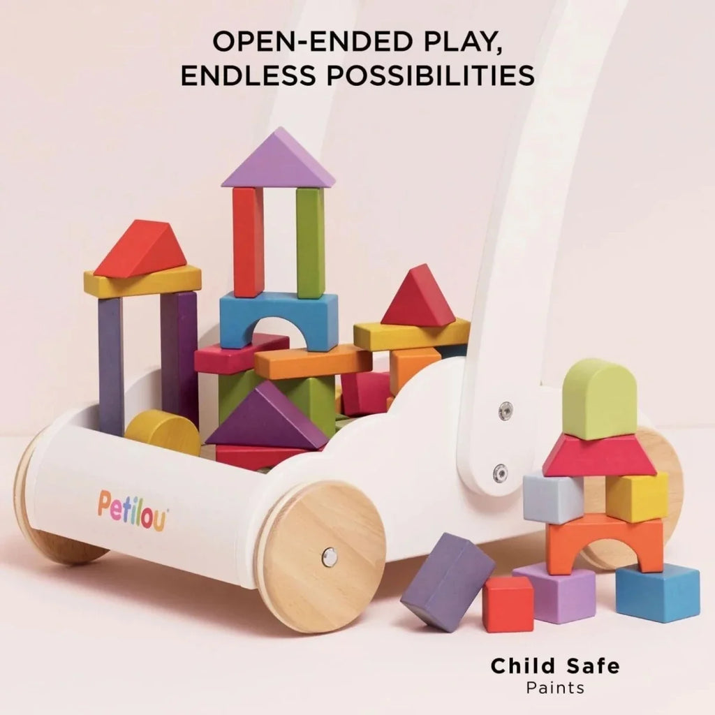 Wooden baby walker with stacking block pieces and colorful house and cube shapes