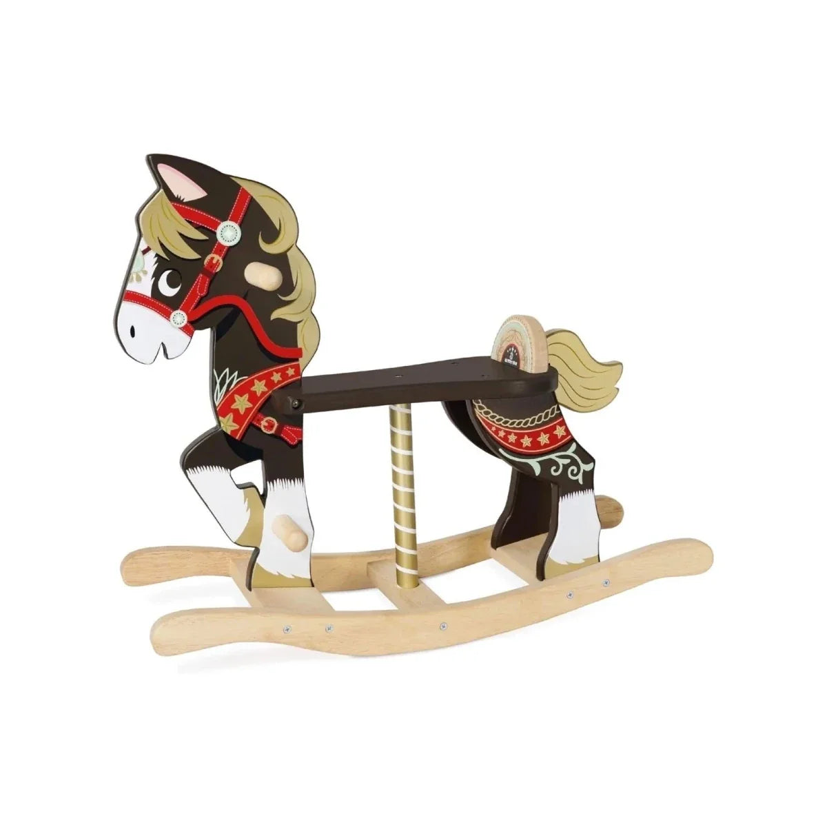 Classic wooden rocking horse with painted face, red harness, and cream mane