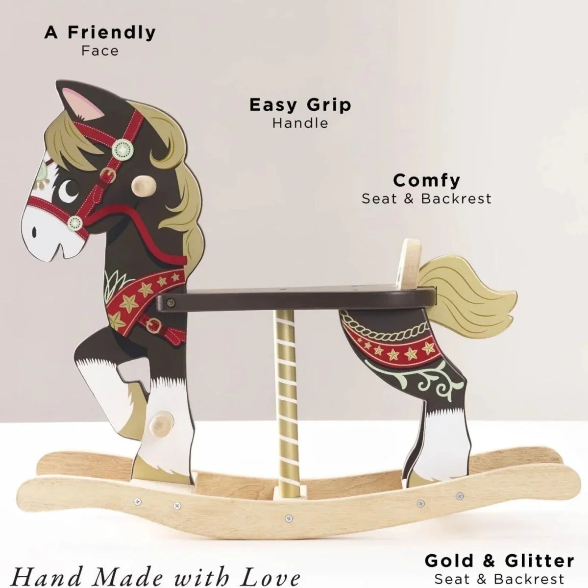 Wooden rocking horse with painted bridle, curved seat, and long rocking base