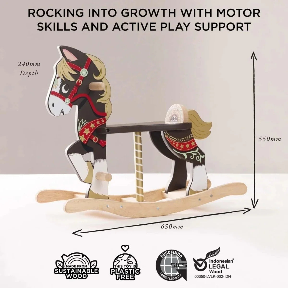 Classic wooden rocking horse with painted saddle outfit and curved wooden rockers