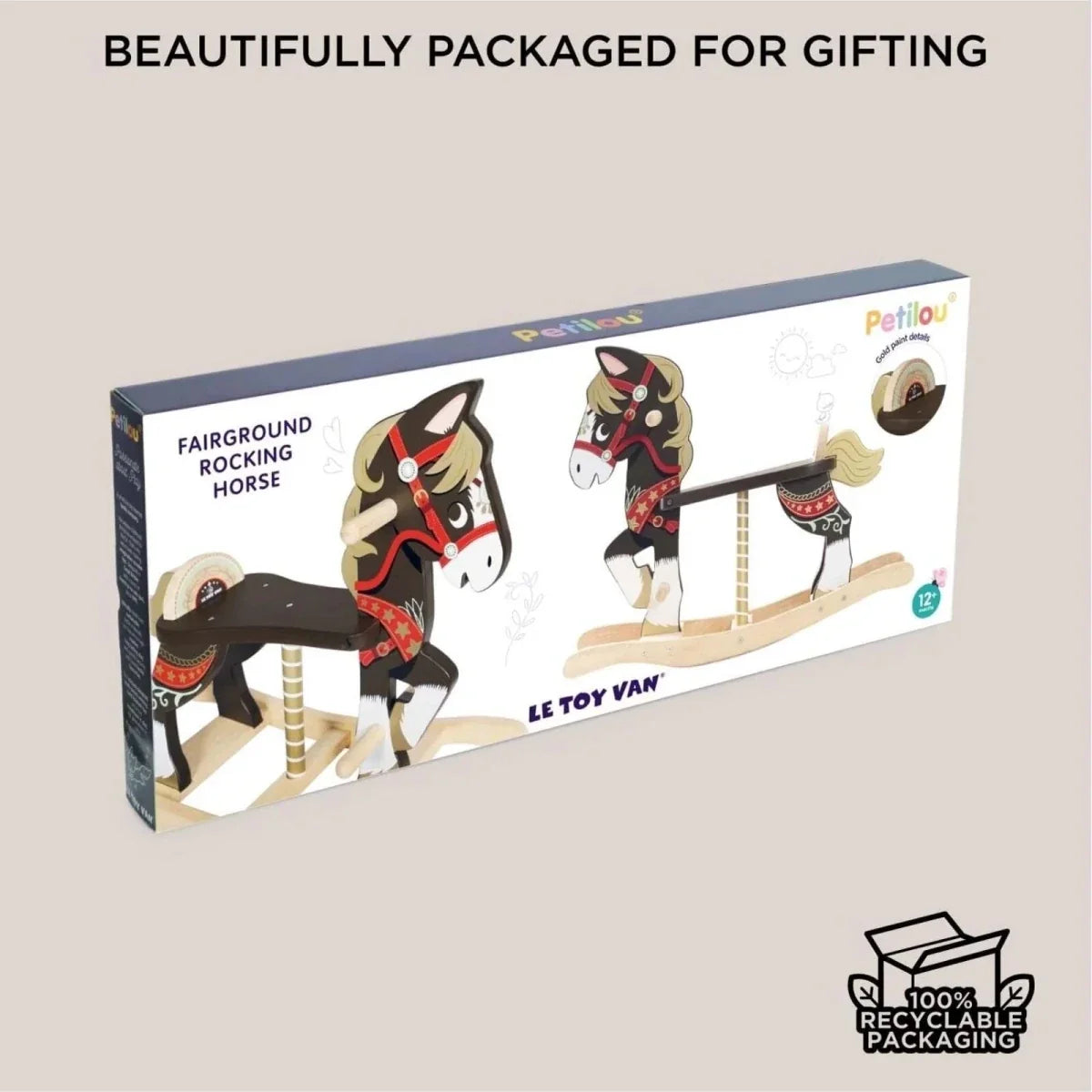 Le Toy Van classic wooden rocking horse shown in retail packaging box