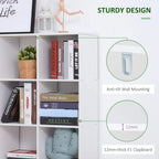 White storage shelf corner with anti-tilt wall mounting bracket and thick clapboard panel.