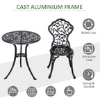 Black cast aluminum bistro table with ornate lattice chair, sturdy outdoor patio set