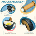 Kids tricycle feature view: bell, handle, black basket, and EVA wheels with adjustable seat