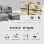 Grey rattan wicker seating wrapped around solid aluminum frame for outdoor use