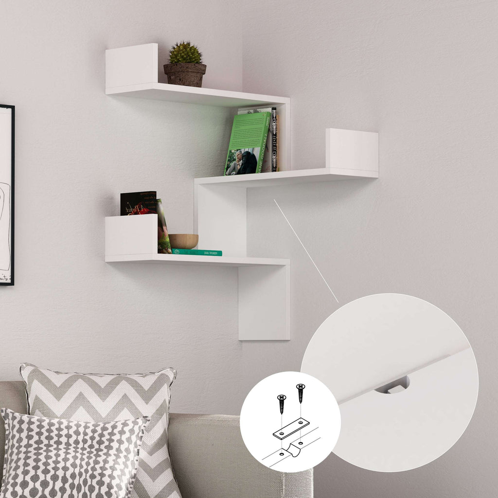 White corner wall-mounted bookcase with open square display shelves