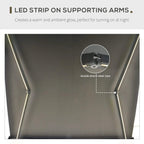 Retractable awning canopy with LED strip on supporting arms