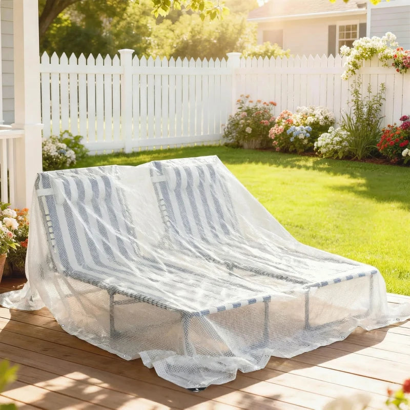 White PE tarpaulin cover for outdoor bench on deck, breathable mesh sheet