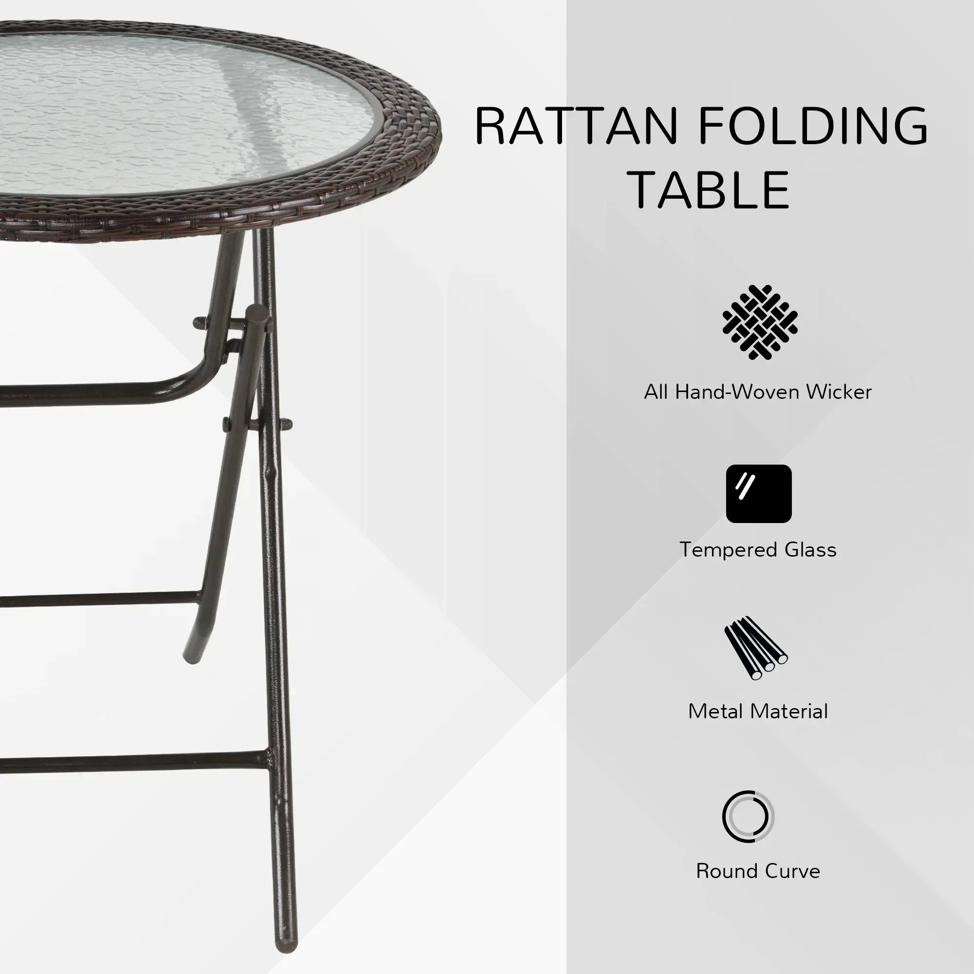 Folding Rattan Garden Dining Table, 68 cm Round Rattan Garden Table with Water Ripple Tempered Glass Top, Wicker Edging and Steel Frame for Outdoor, Patio, Brown - Bobobiy