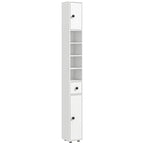 White slim bathroom cabinet with vertical open shelves and drawers, black round knobs.