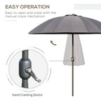 Grey parasol umbrella with hand crank device and center pole for easy opening