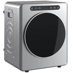 Silver compact tumble dryer with round glass door and top control panel