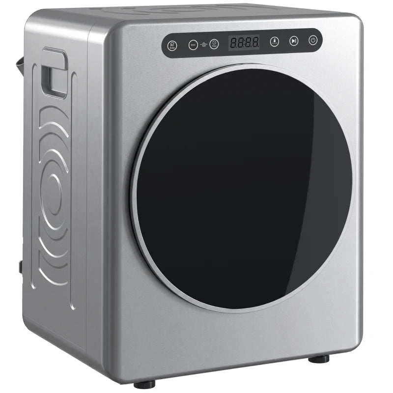Silver compact tumble dryer with round glass door and top control panel