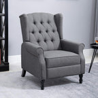 Light gray wingback recliner chair with tufted backrest and rounded arm cushions