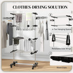 Black four-tier clothes drying rack with rotatable side wings and clip bars