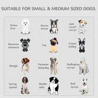 Dog crate size guide graphic showing small and medium dog breeds