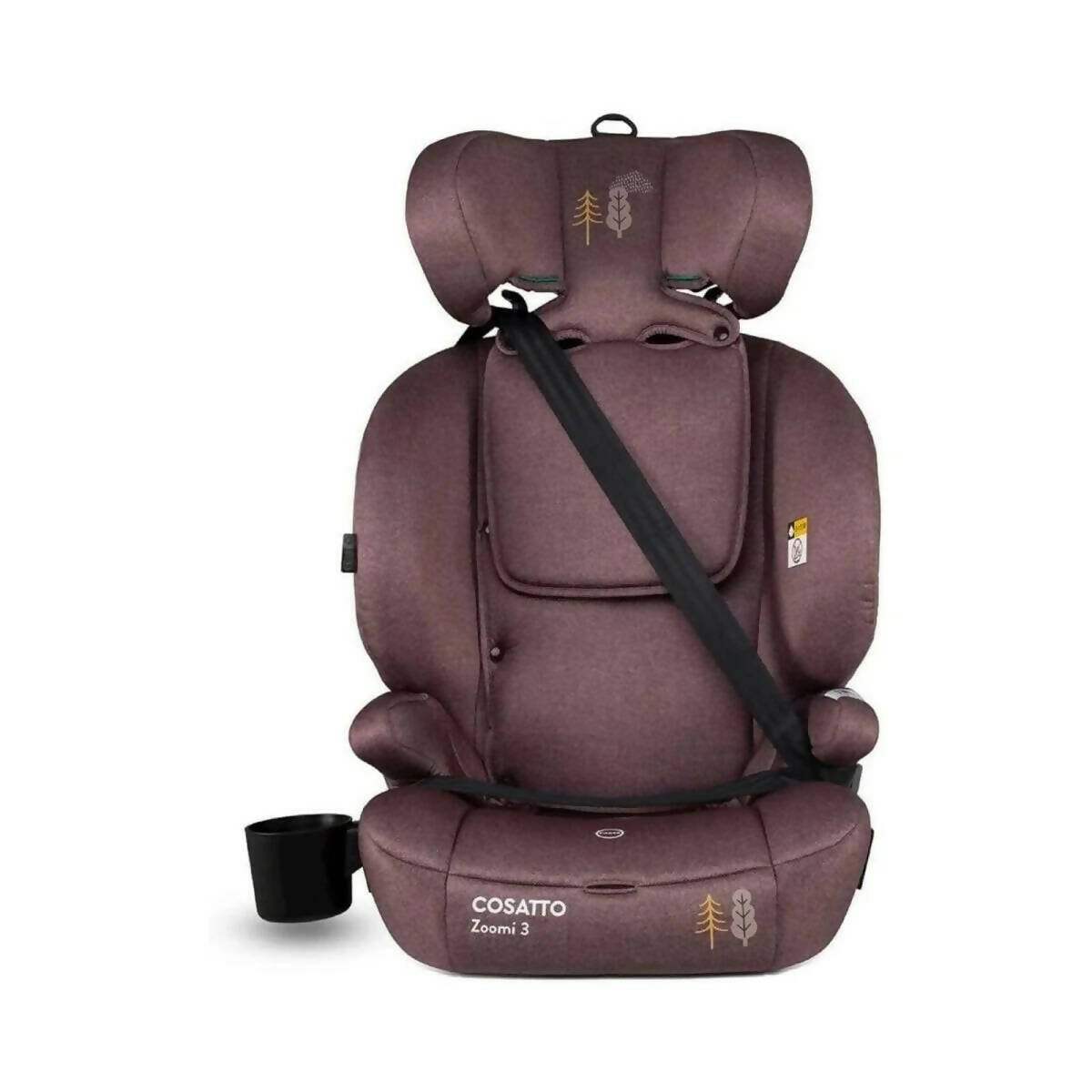 Rear-facing car seat in dark plum fabric with black strap and padded headrest