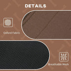 Close-up of brown oxford fabric and breathable mesh panel on an elevated dog cot