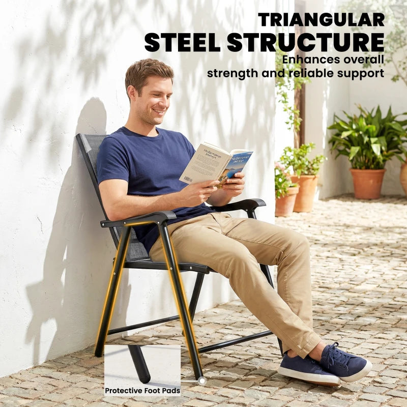 Folding garden chair with black steel frame, light gray texteline seat, protective foot pads