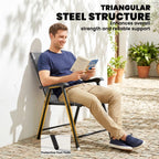 Folding garden chair with black steel frame, light gray texteline seat, protective foot pads