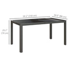 Grey aluminium glass-top table with measurements shown: 150 x 88 cm overall